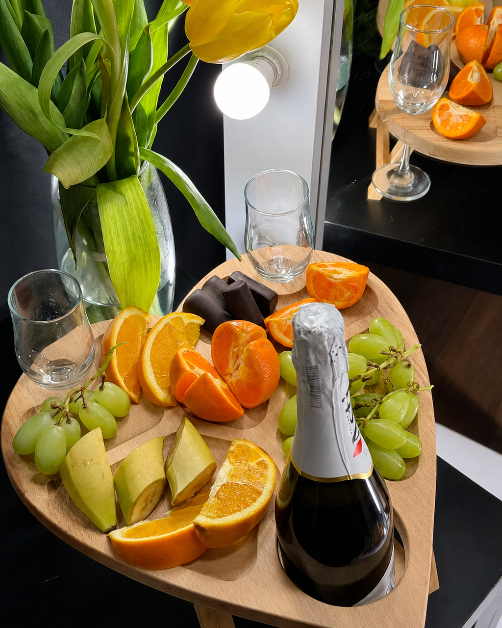 Romantic beech wood wine table for two with glass holders
