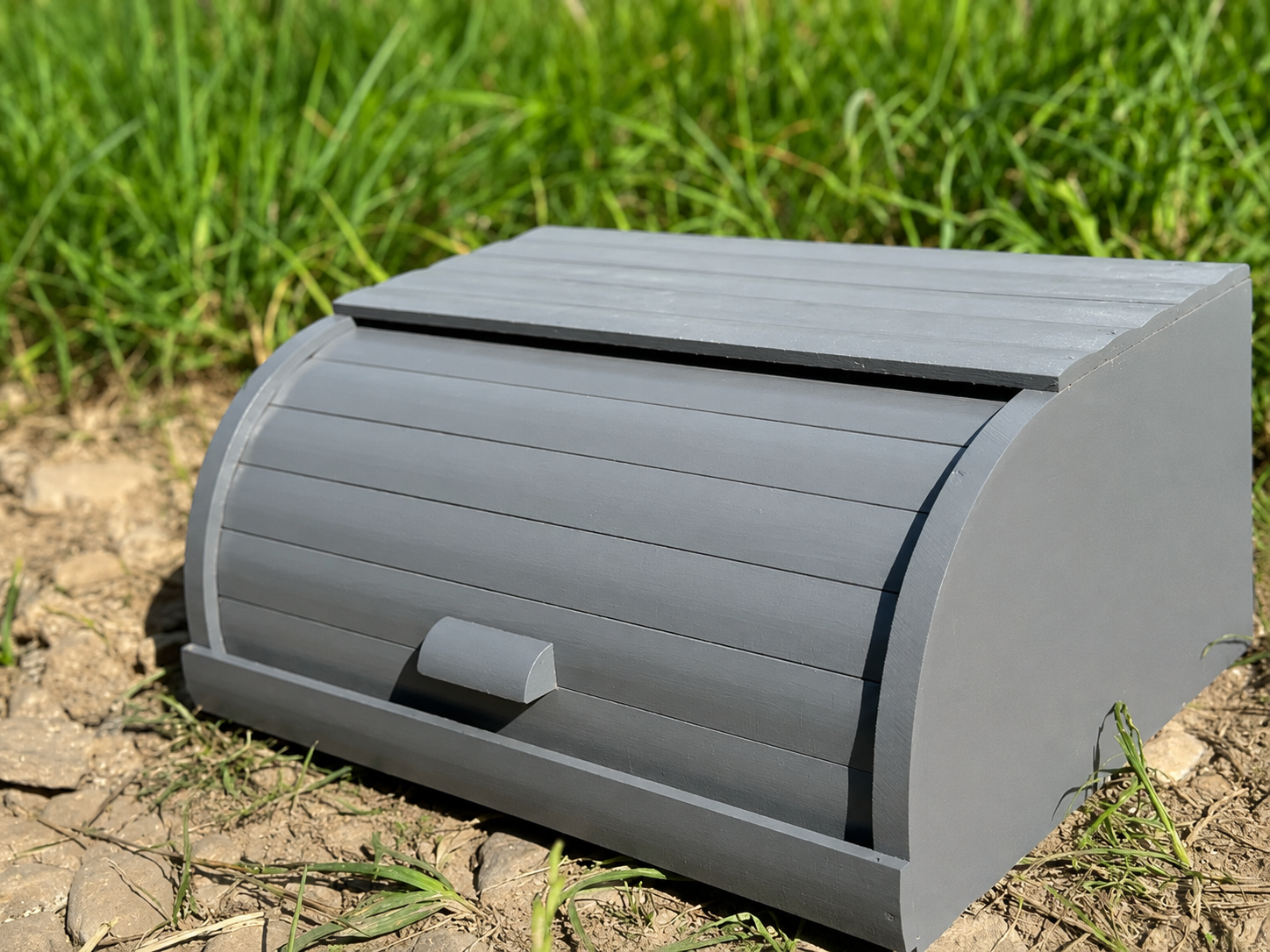 Modern wooden bread bin in gray finish for kitchen storage