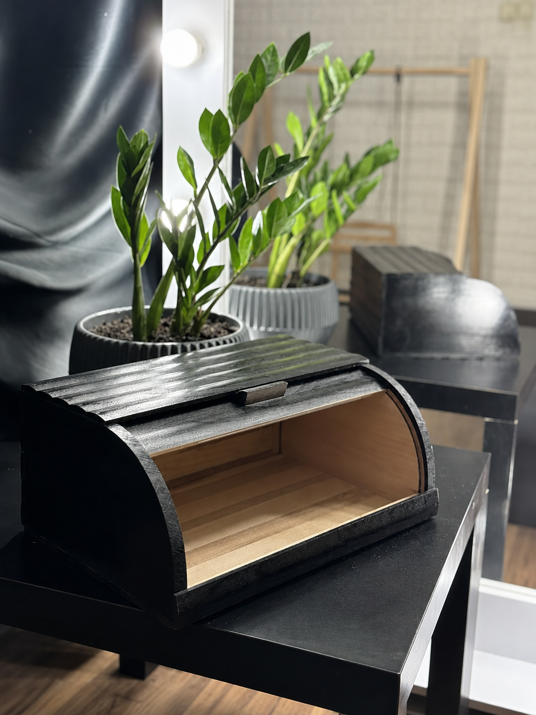 Handmade black beech wood bread box with sliding roll-top lid