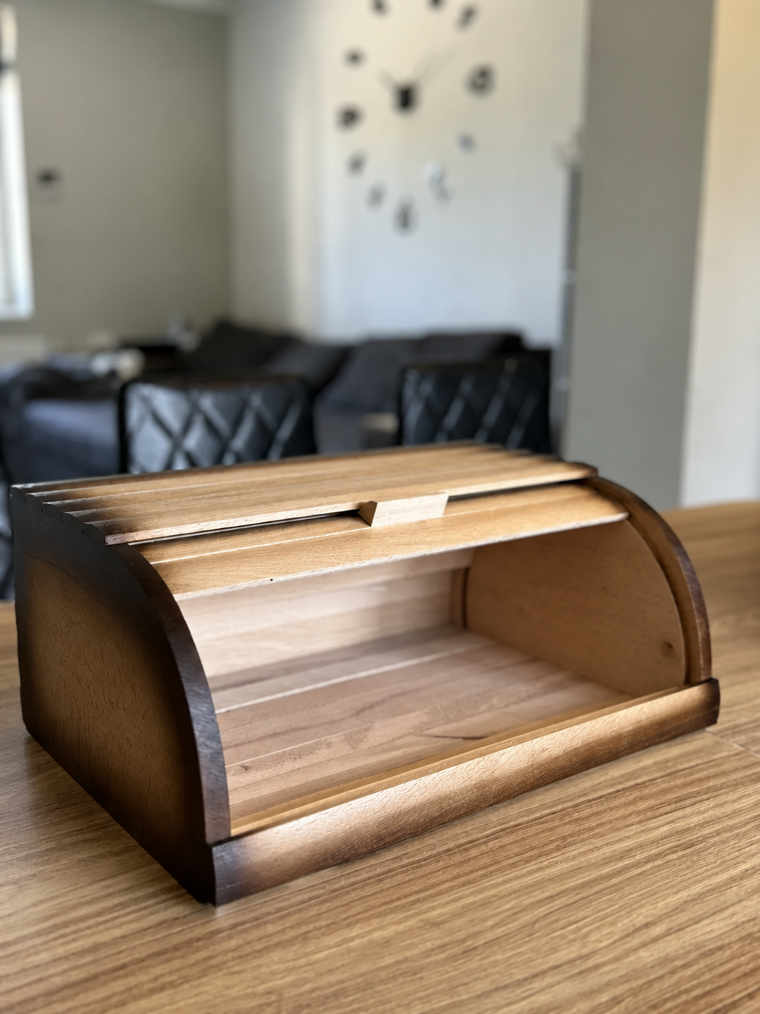Wooden bread bin in retro style for storing bread and pastries