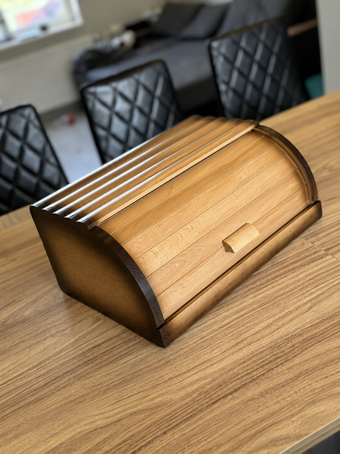 Handmade beech wood bread box with retro design and roll-top opening