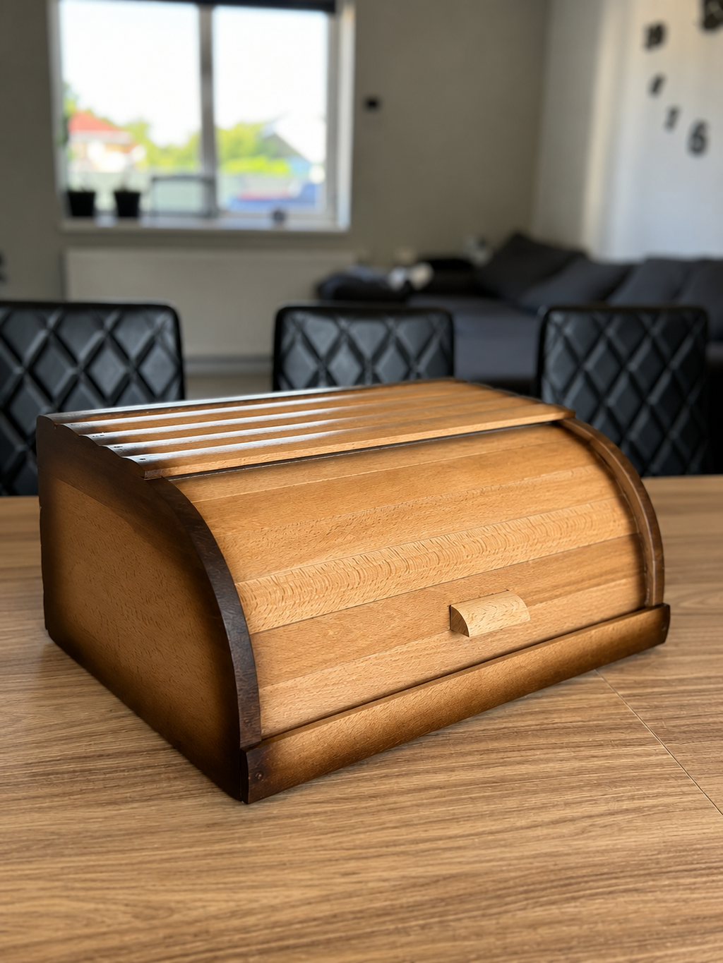 Retro wooden bread box with roll-top lid handcrafted from natural beech wood