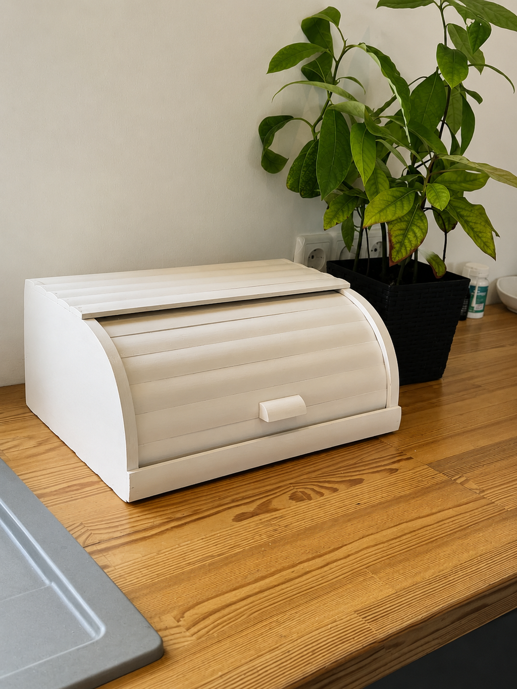 Handmade white beech wood bread box with roll-top lid