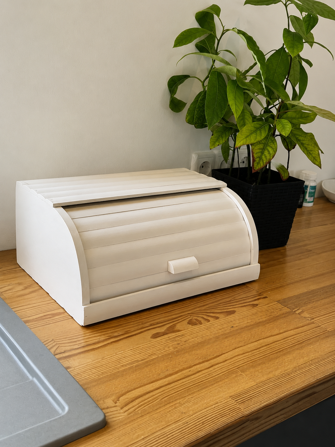 Handmade white beech wood bread box with roll-top lid