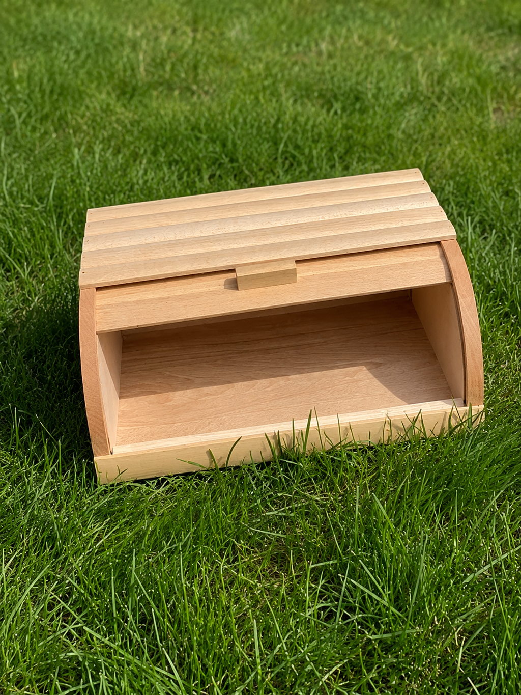 Handcrafted beech wood bread storage box for kitchen countertop