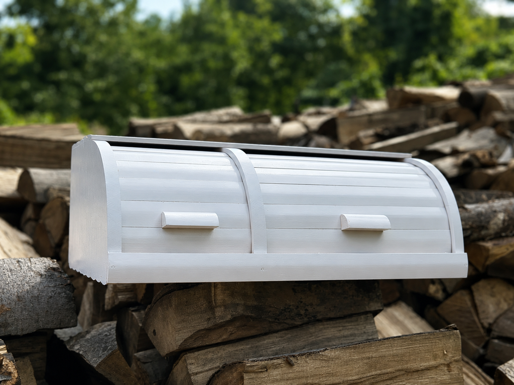 Handcrafted white double wooden bread box made from natural beech wood