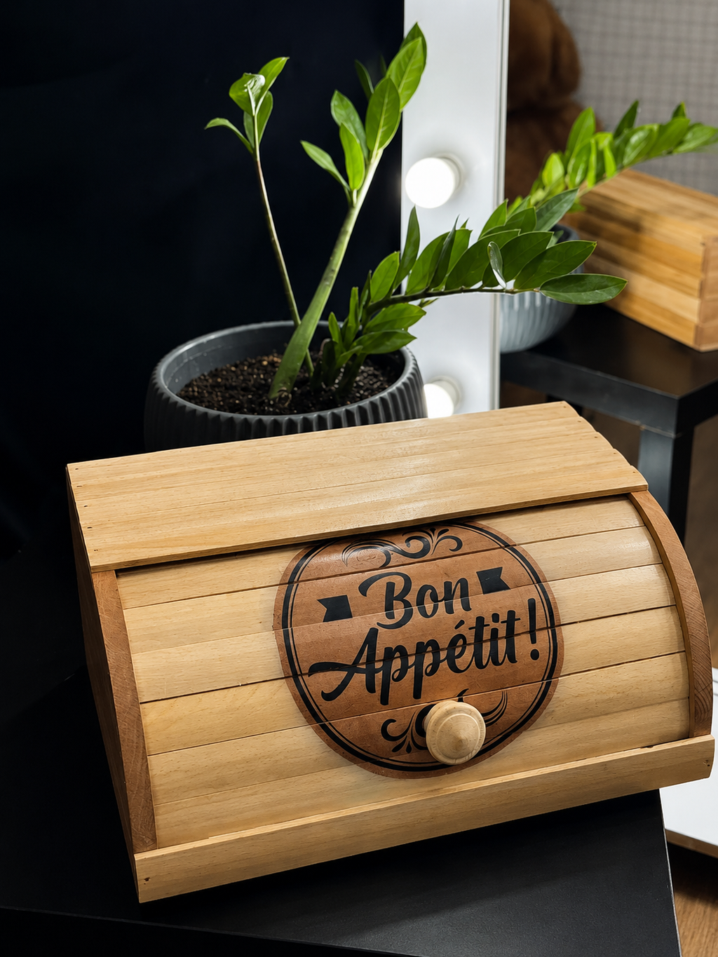 Handmade wooden bread box with Bon Appétit design made from natural beech wood