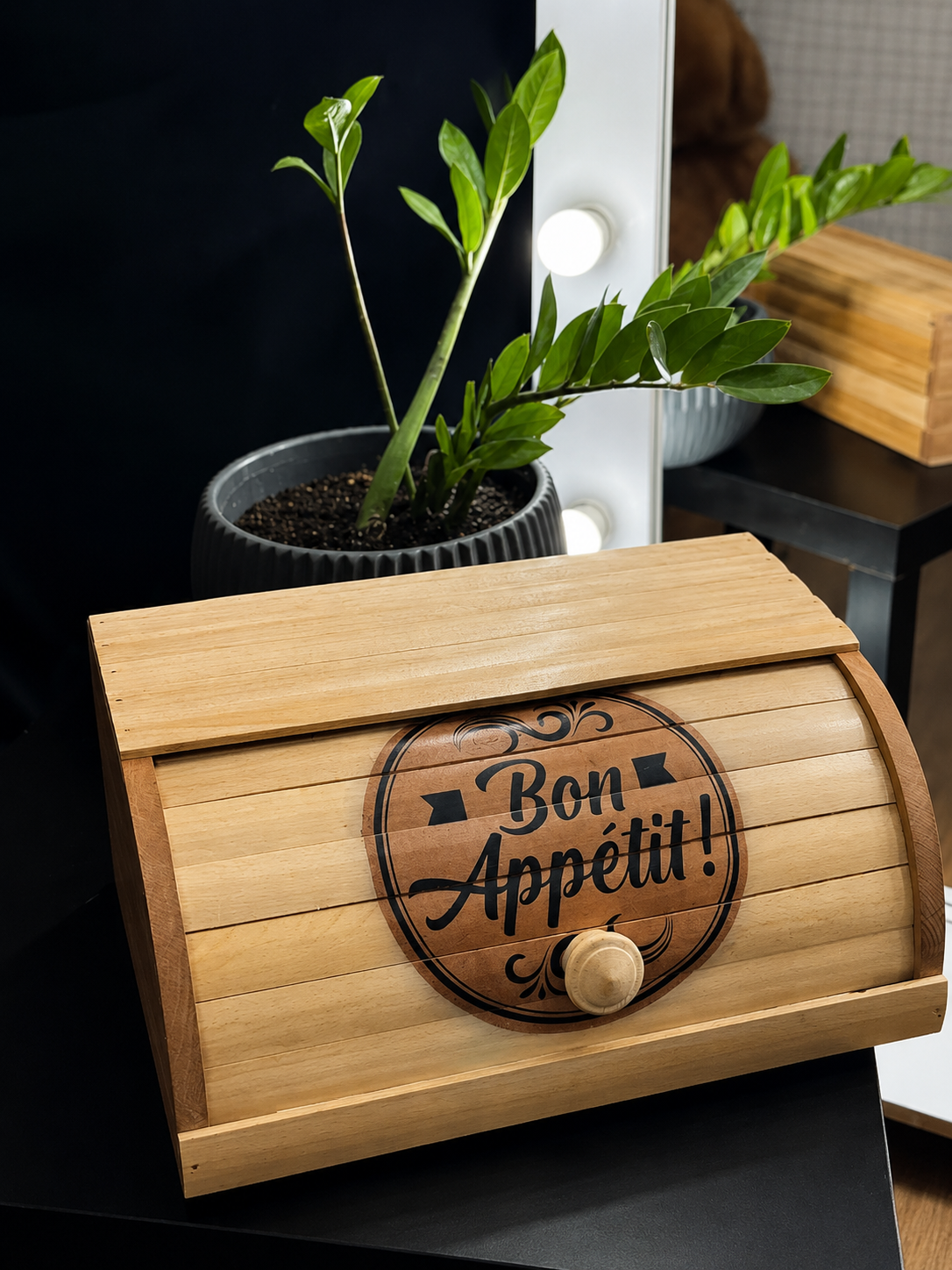 Handmade wooden bread box with Bon Appétit design made from natural beech wood