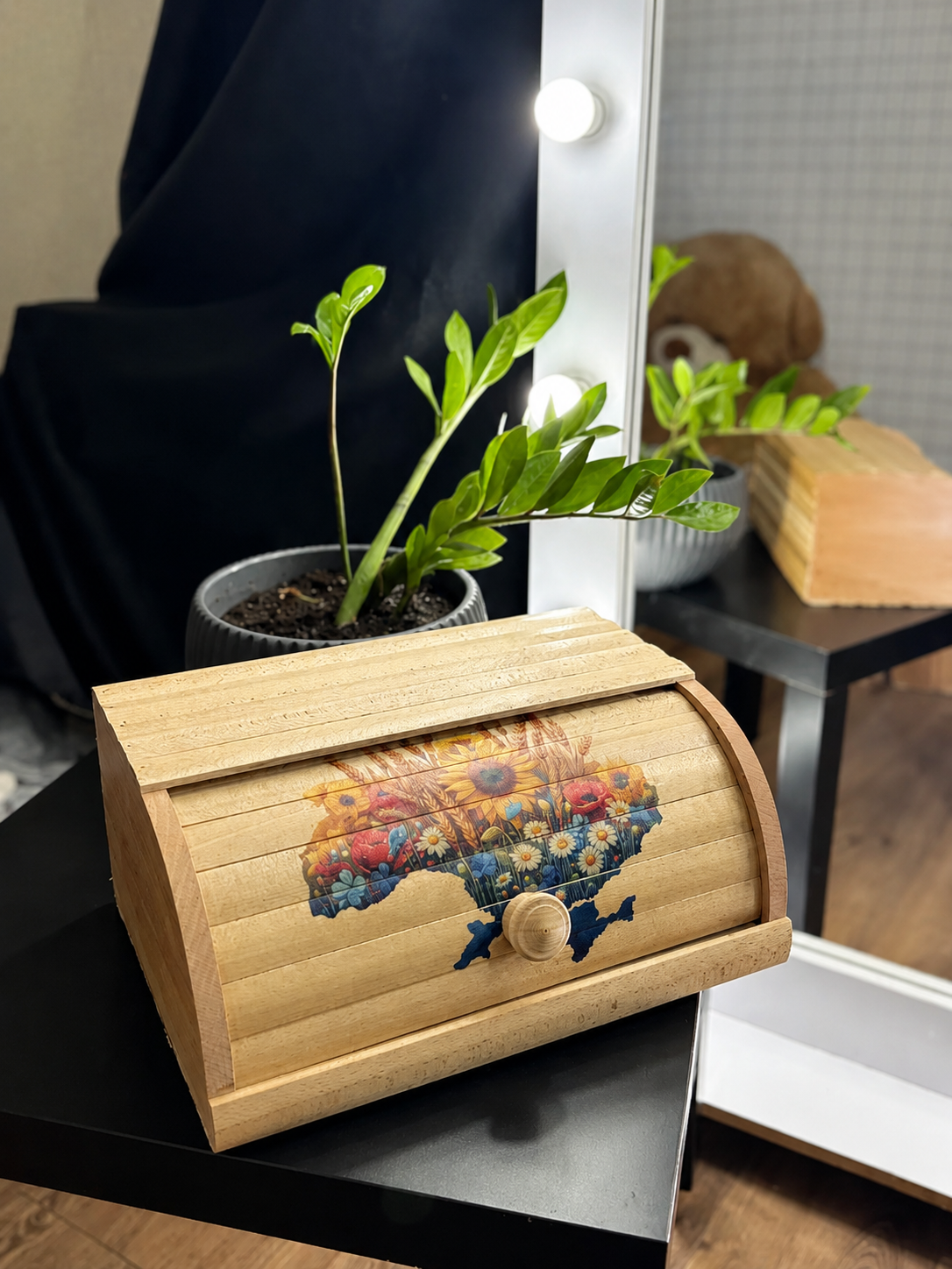 Handcrafted wooden bread box with Ukraine map floral artwork made from natural beech wood