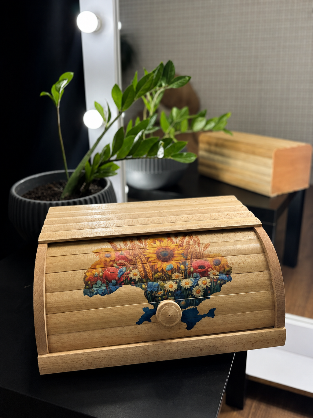Rustic handcrafted bread storage box made from natural beech wood