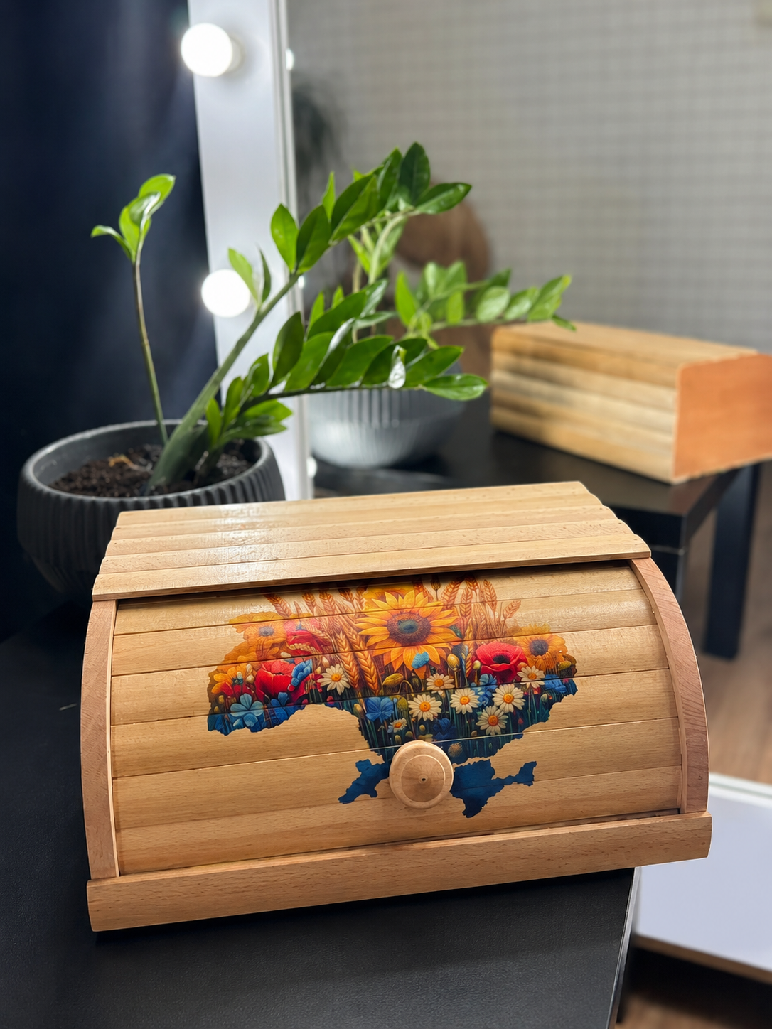 Wooden kitchen bread box with colorful Ukraine-inspired floral pattern