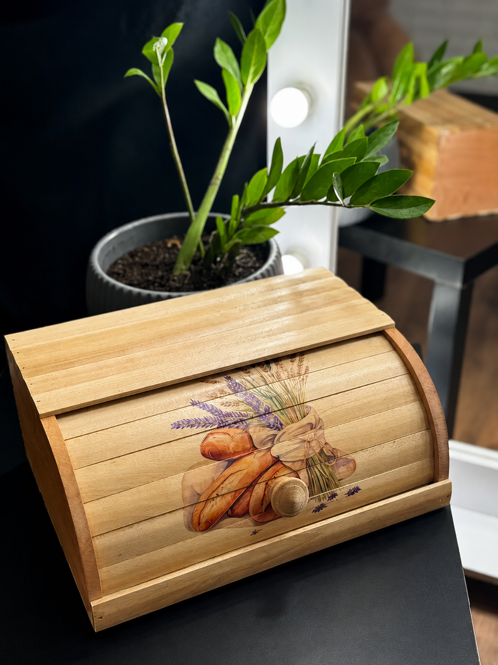 Handcrafted wooden bread box with baguette and lavender illustration made from natural beech wood