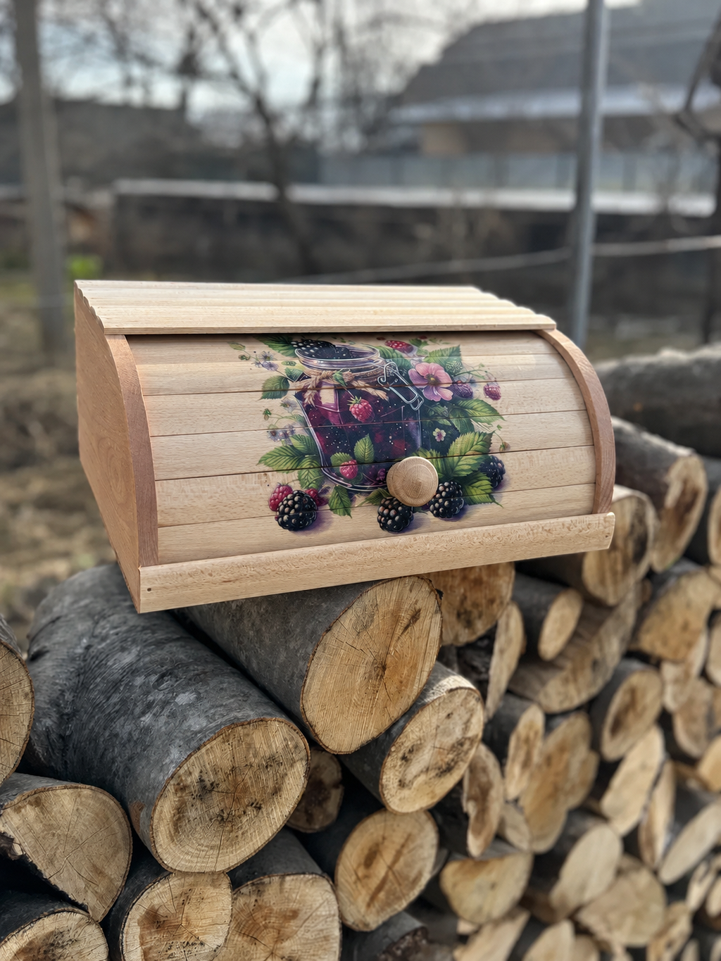 Roll-top wooden bread box for kitchen bread storage