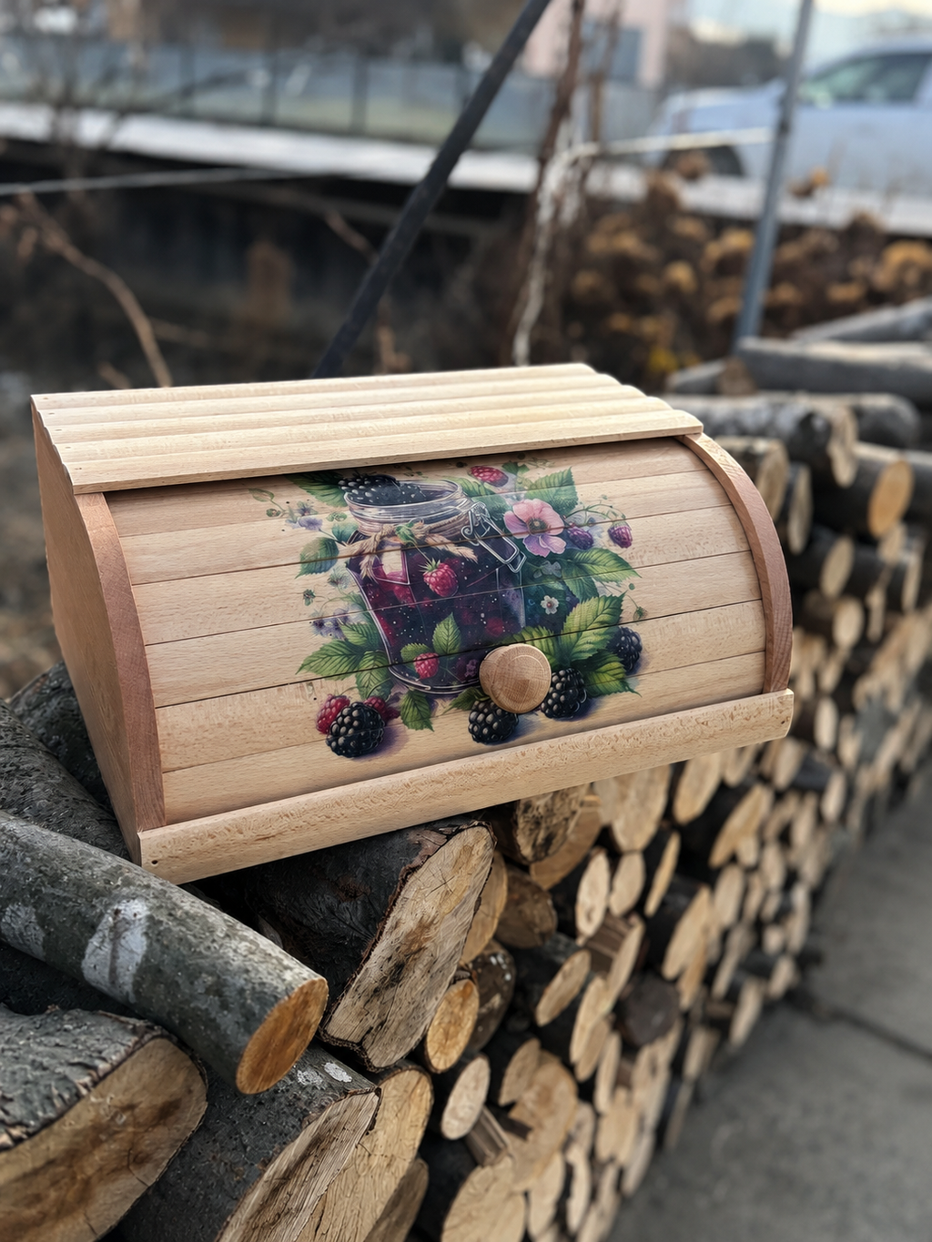 Handmade beech wood bread box with decorative fruit artwork