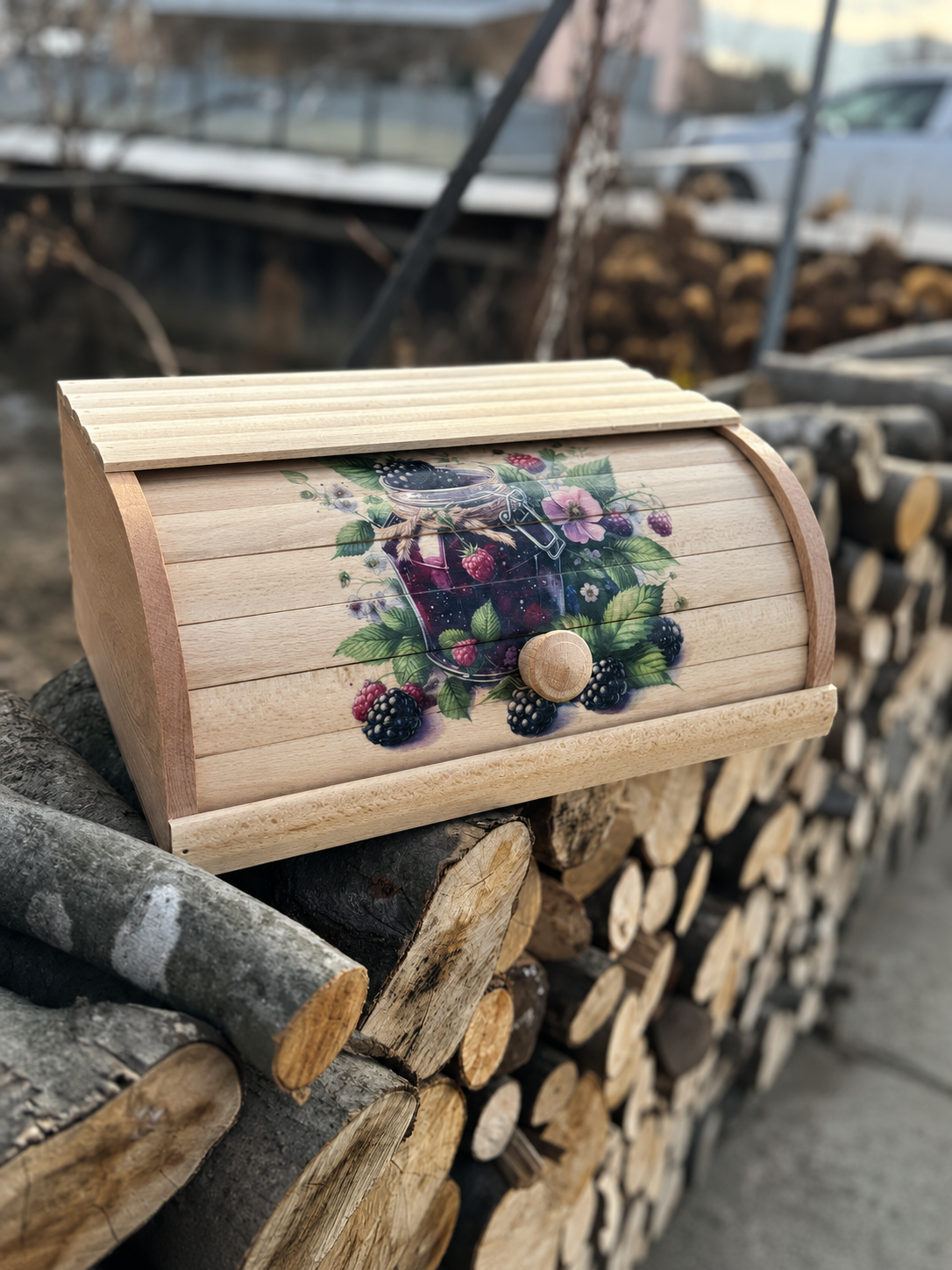 Wooden bread box with fruit design made from natural beech wood
