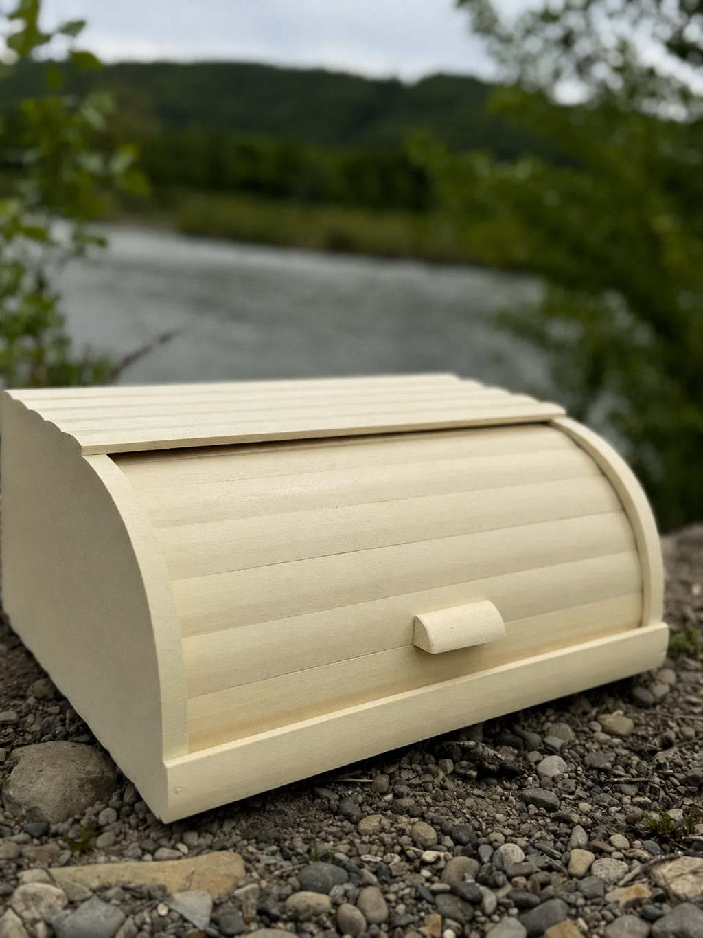 Wooden bread bin made from natural beech wood for kitchen storage