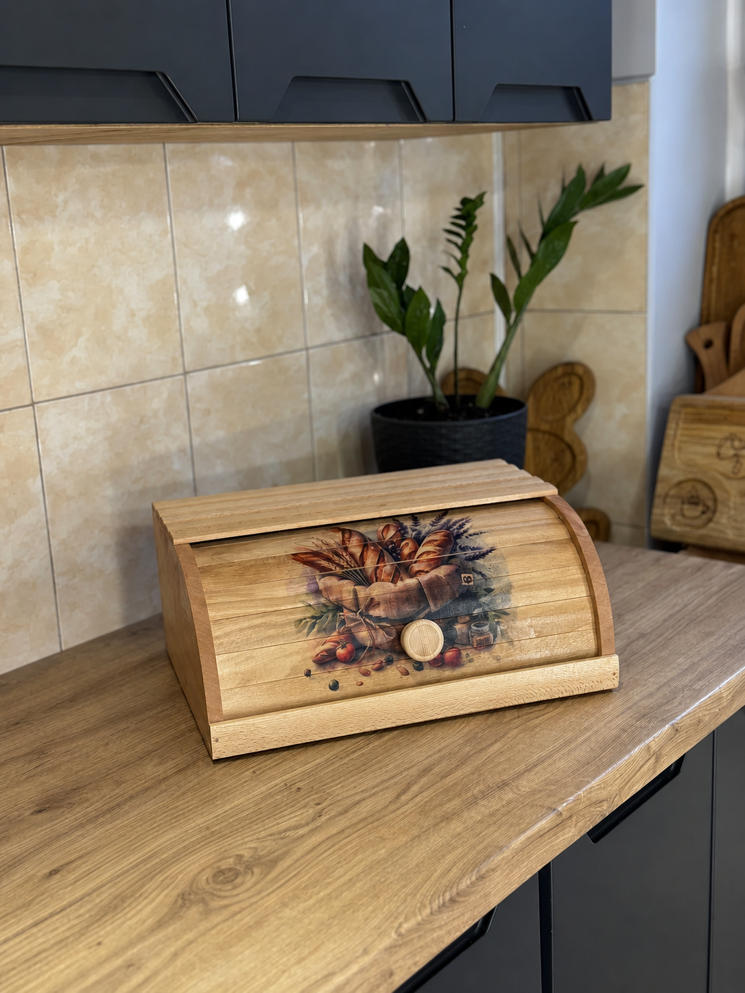 Wooden roll top bread bin featuring baguettes and lavender artwork