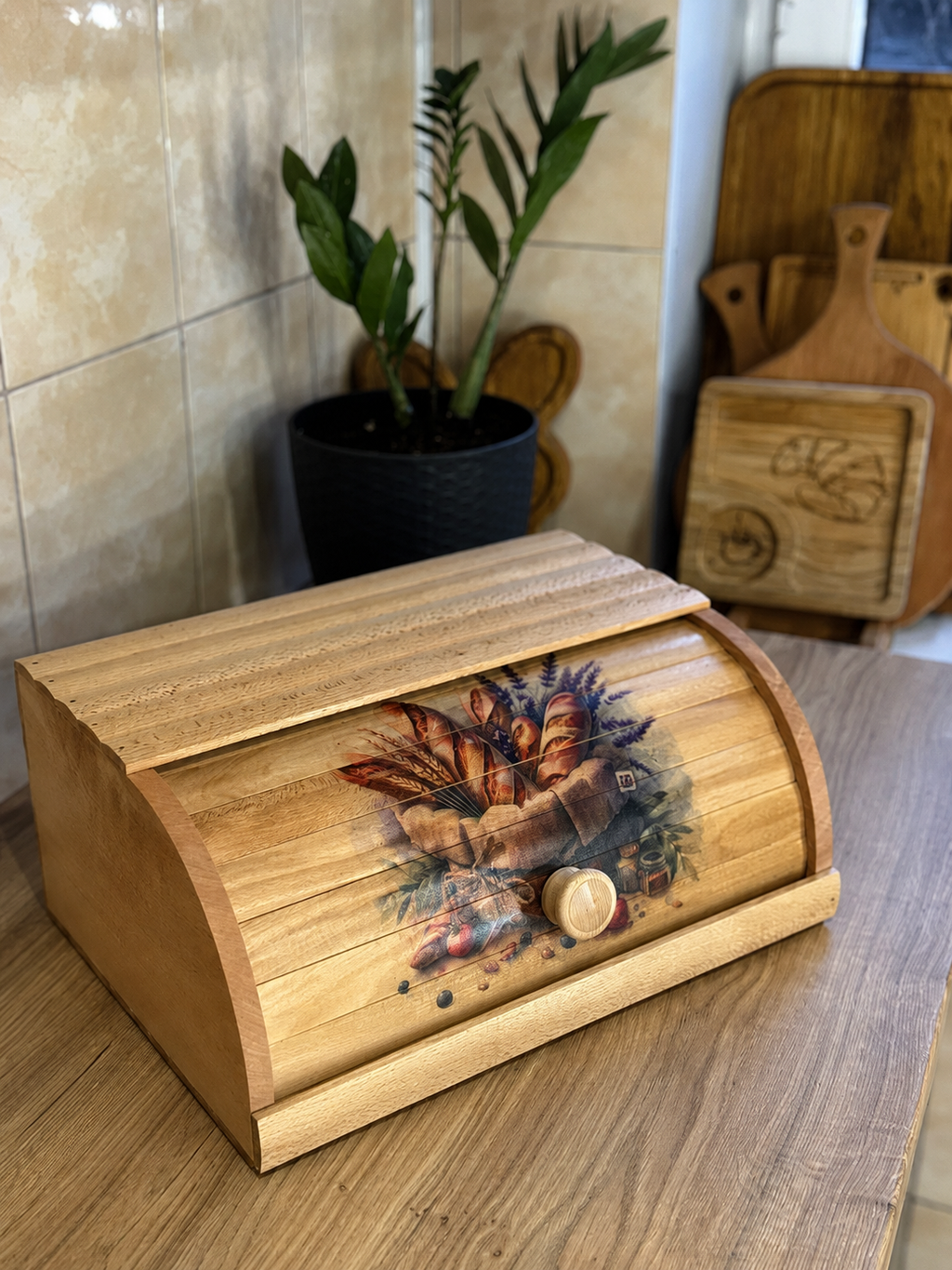 Handcrafted beech wood bread box with rustic bread basket design