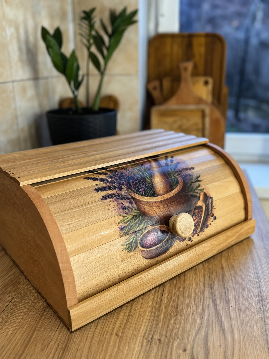 Handcrafted beech wood bread box with lavender mortar illustration