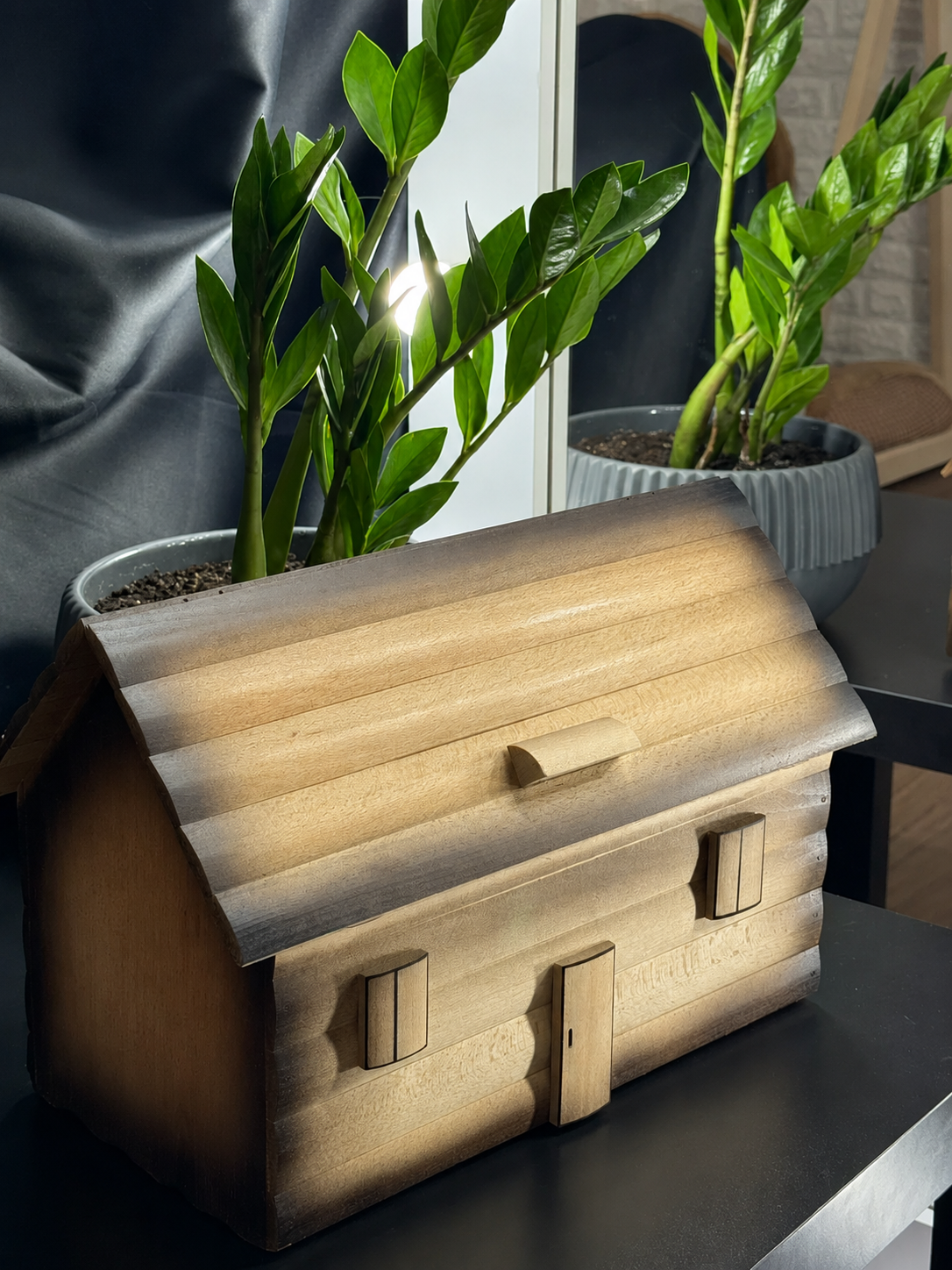 Wooden house style bread box with roll top lid