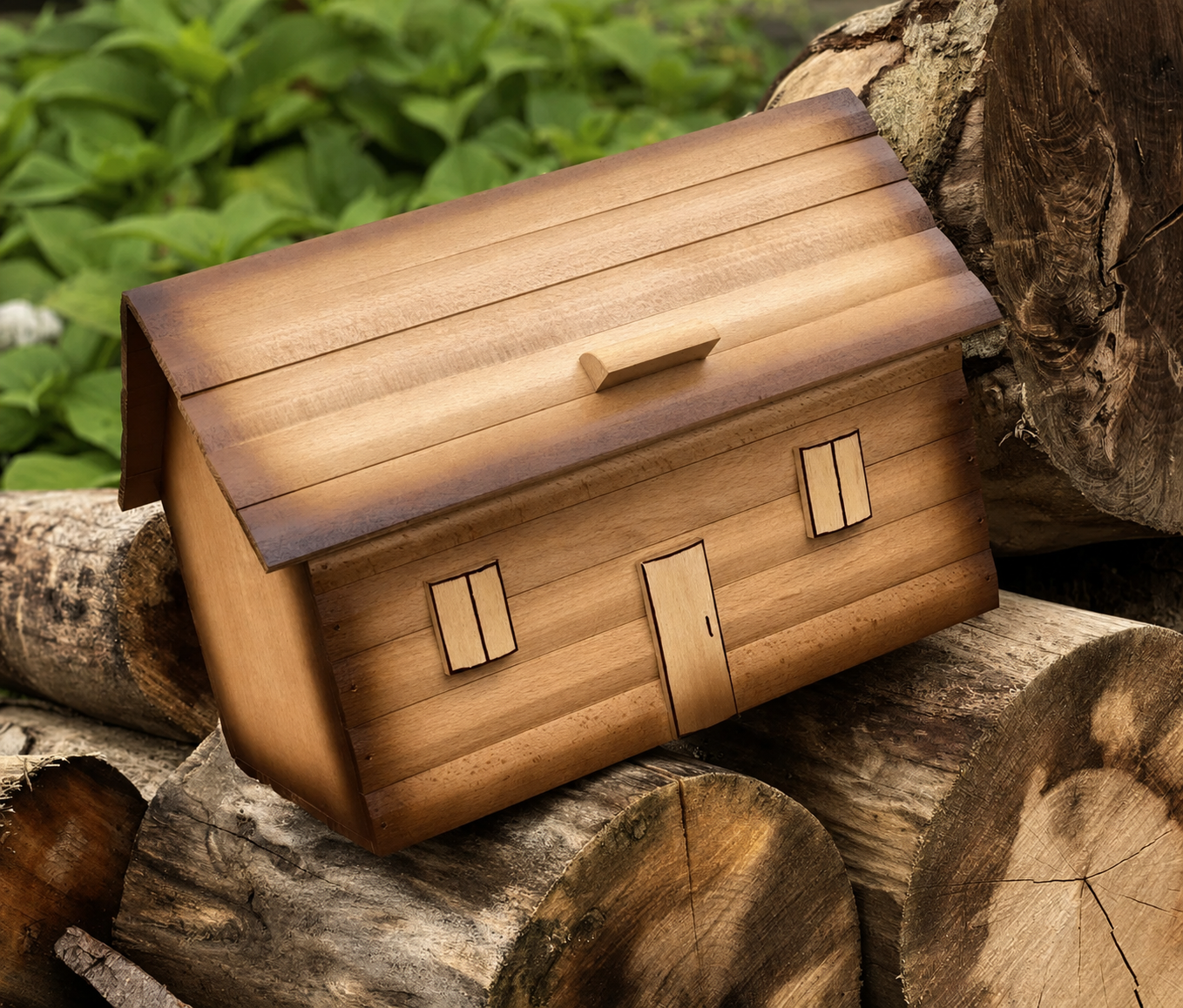 Handcrafted beech wood bread box shaped like a rustic house