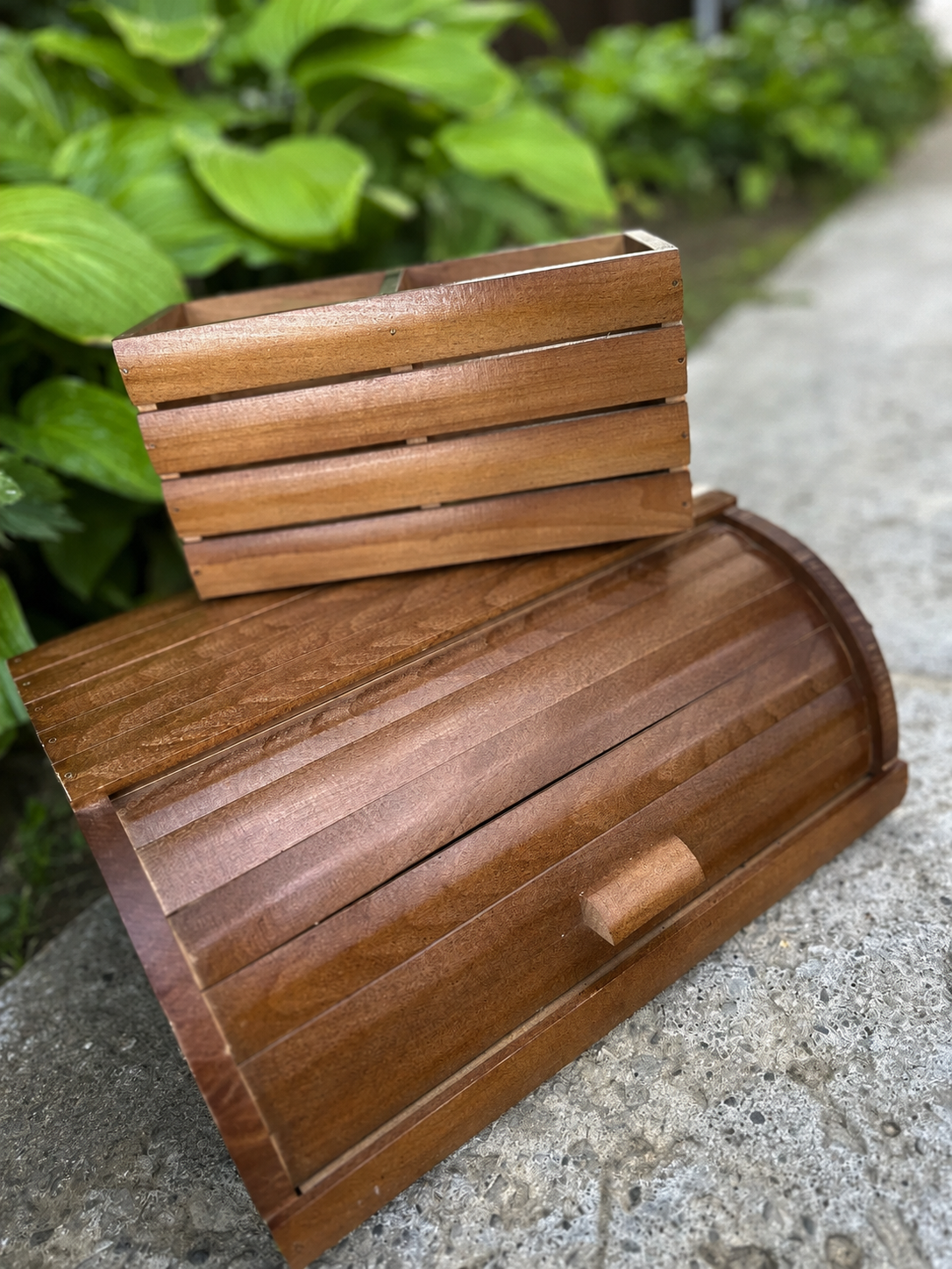 Wooden bread box with matching cutlery organizer