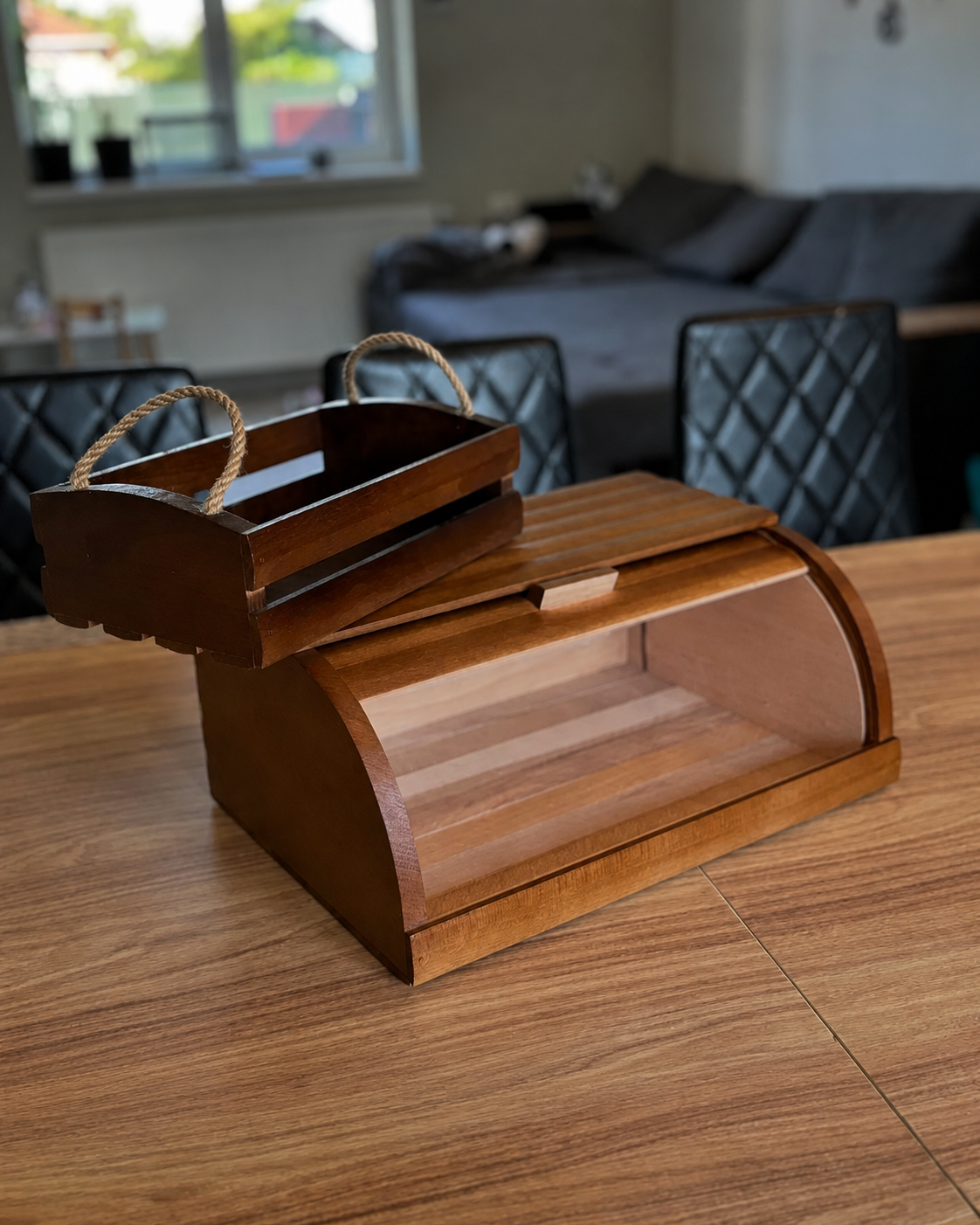 Wooden bread box with matching serving basket