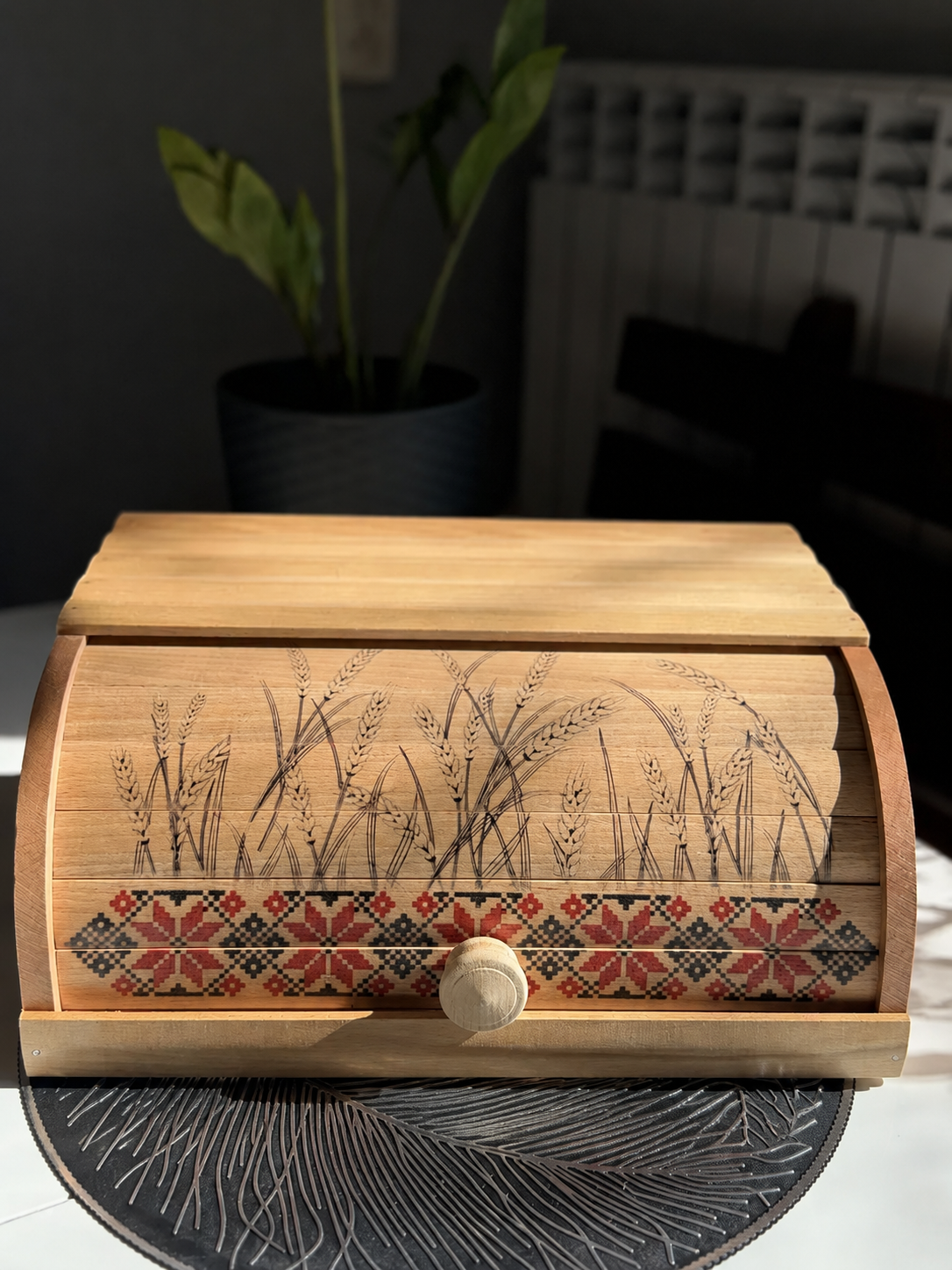 Handmade beech wood bread bin with wheat artwork