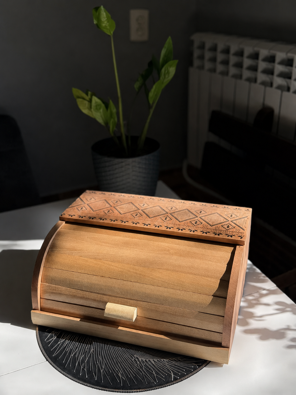 Natural beech wood bread box with decorative ornament