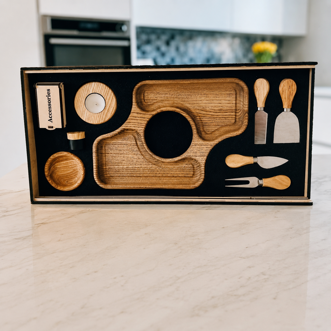 Wooden serving tray for cheese, fruit and wine
