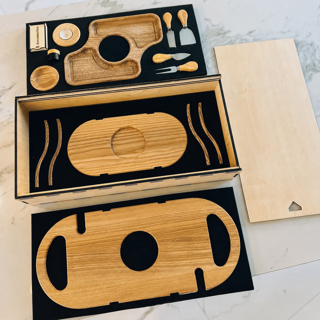 Elegant wood tray for wine and appetizers