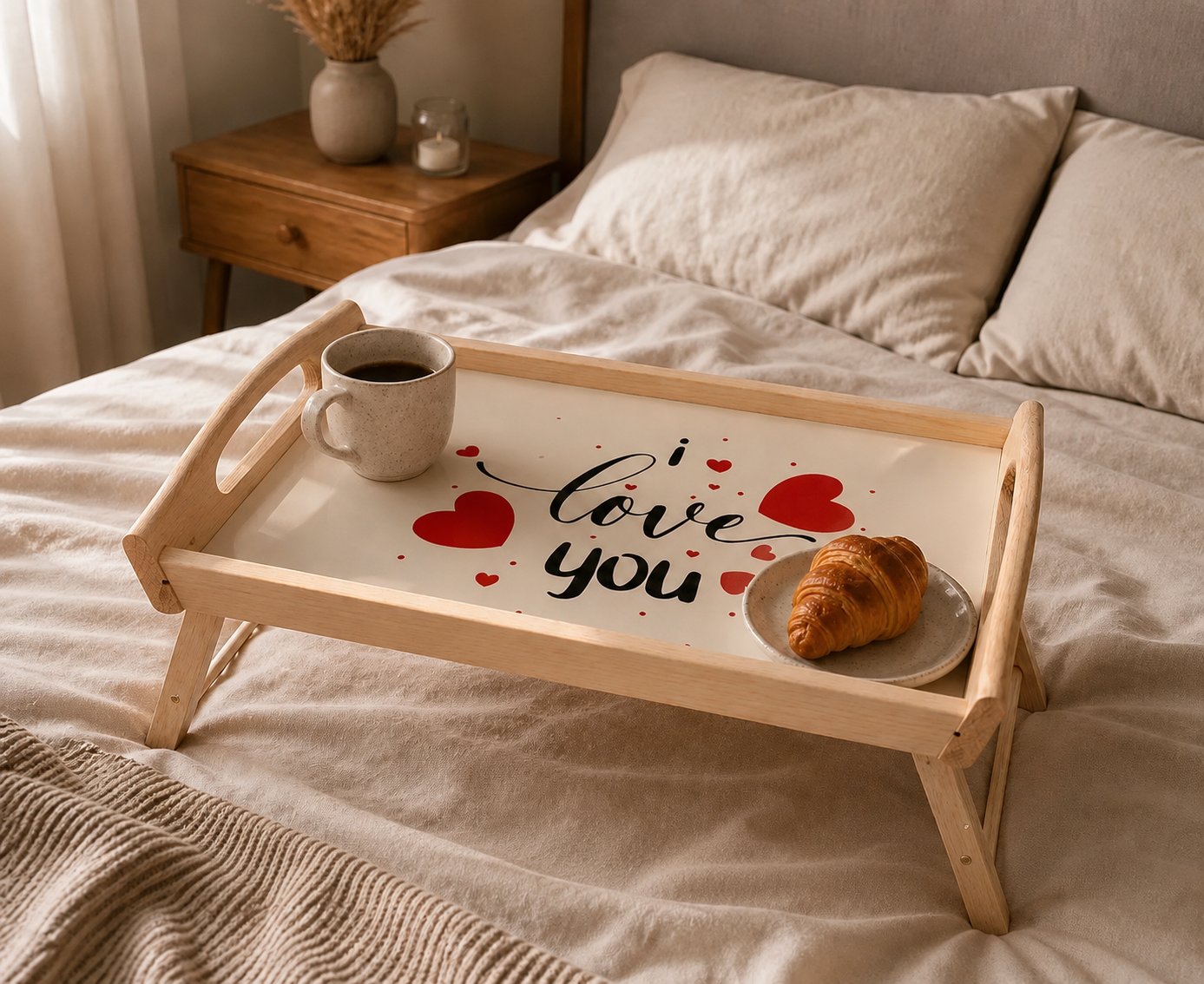 Bed tray with Love You design