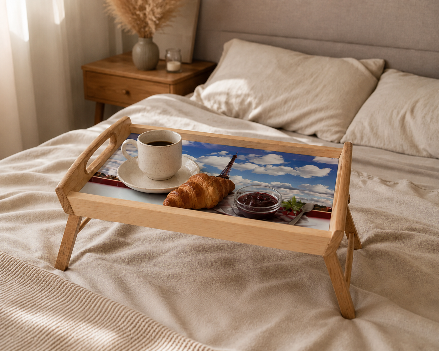 Wooden bed tray table with folding legs