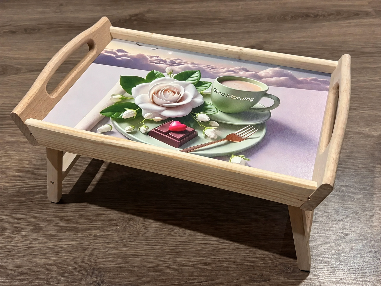 Bed tray with folding legs made from natural beech wood