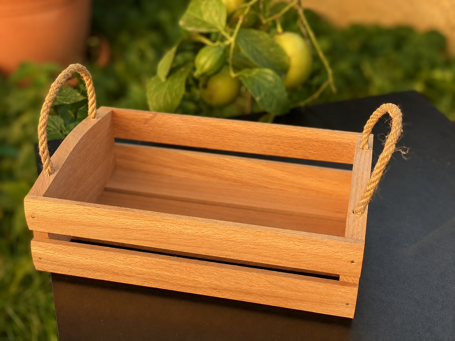 Bread box and wooden storage crate with rope handles