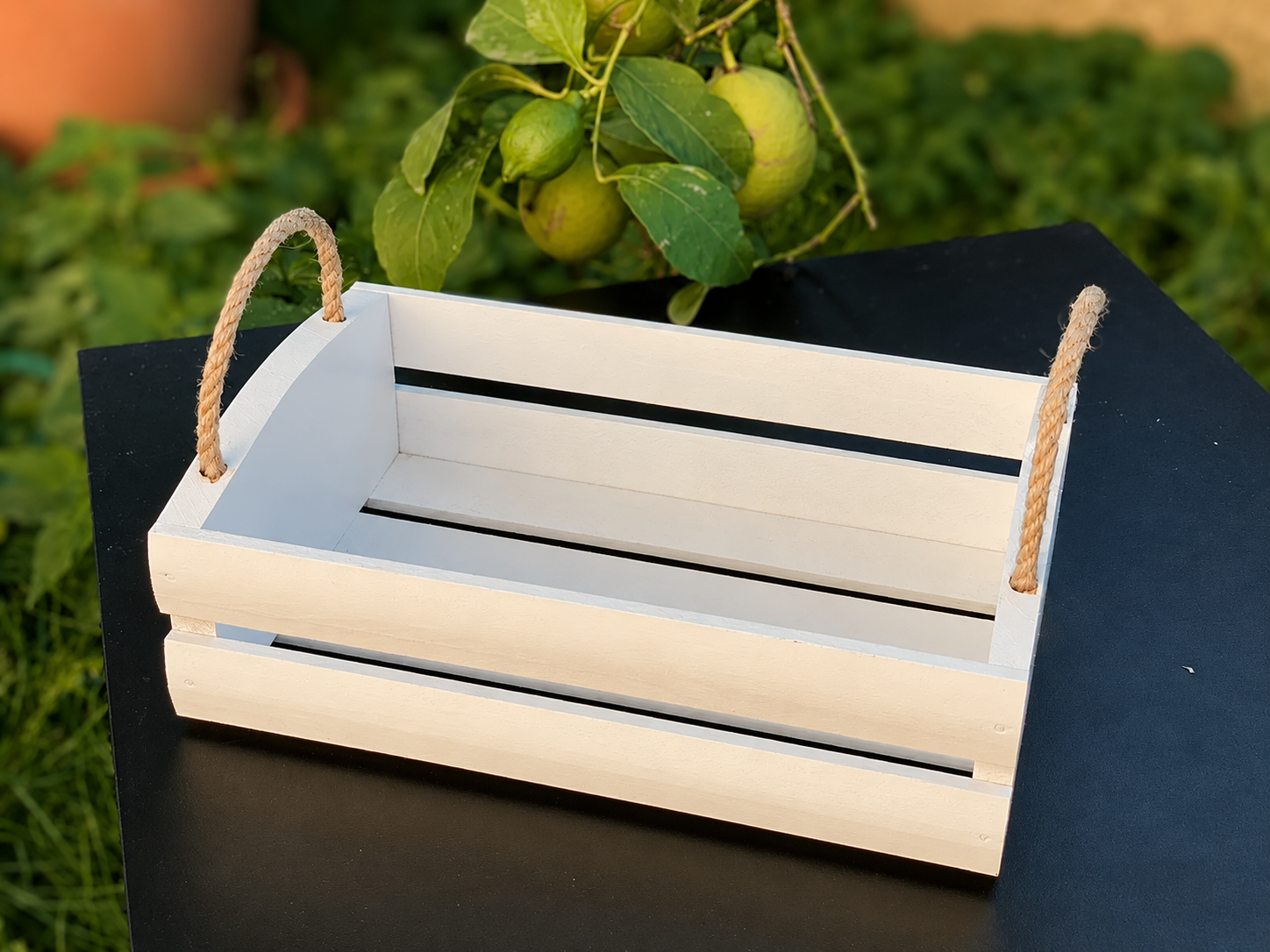 Wooden bread box and white storage basket for kitchen