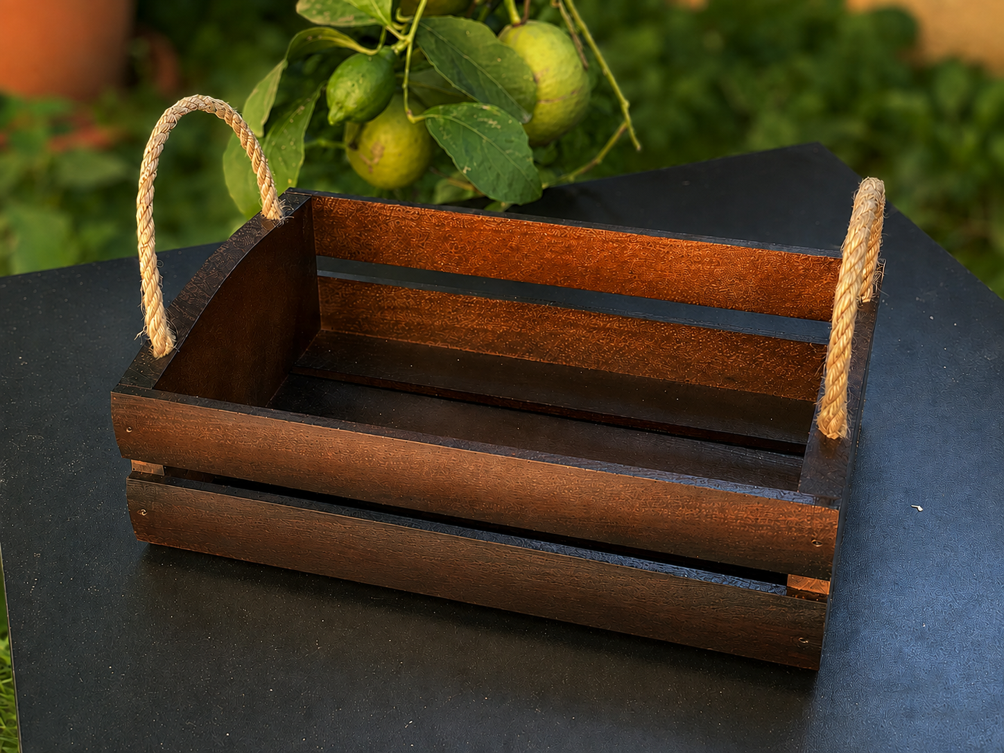 Wood bread box with rope handles in dark brown finish