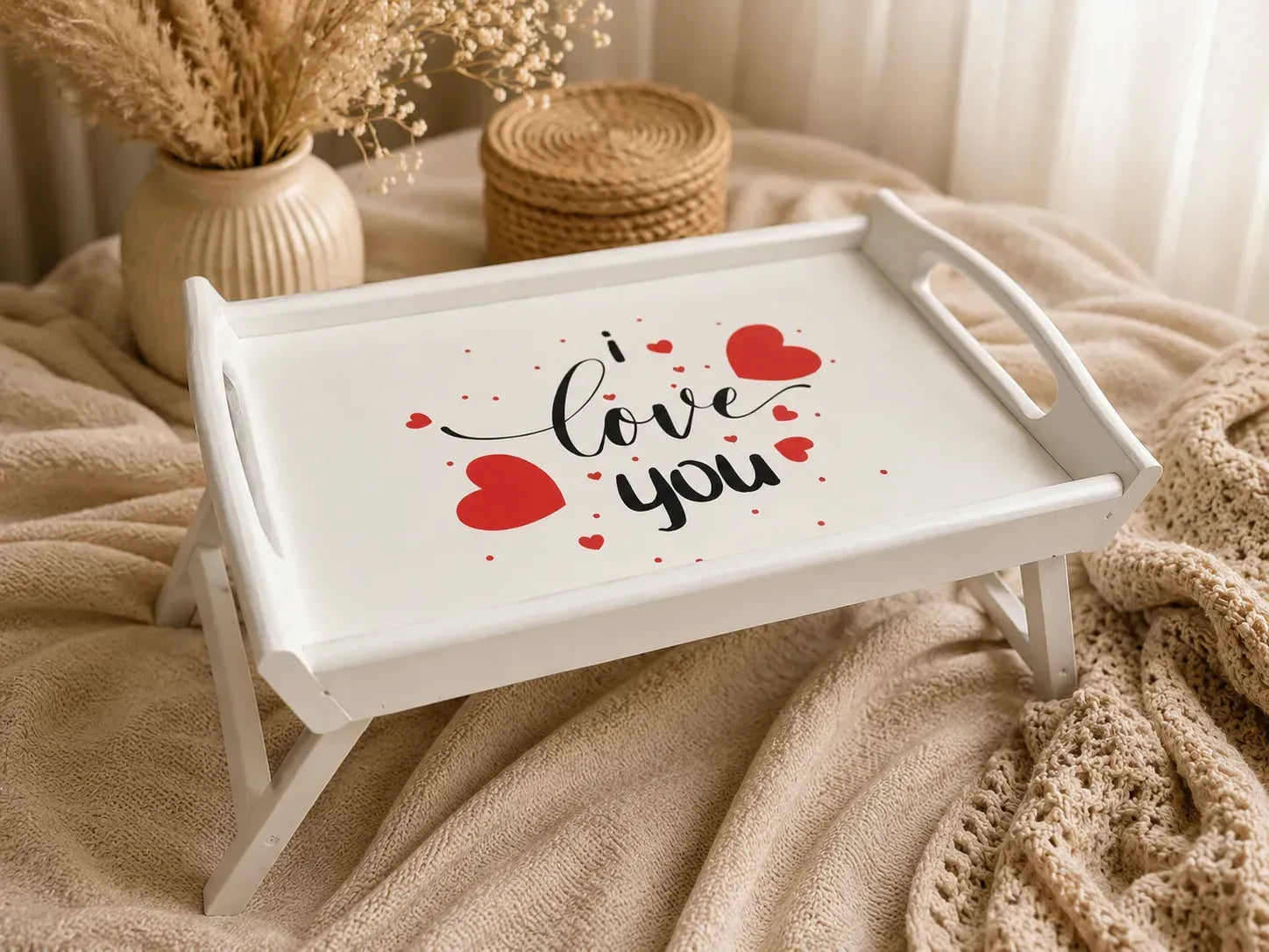 White bed tray with romantic Love You print