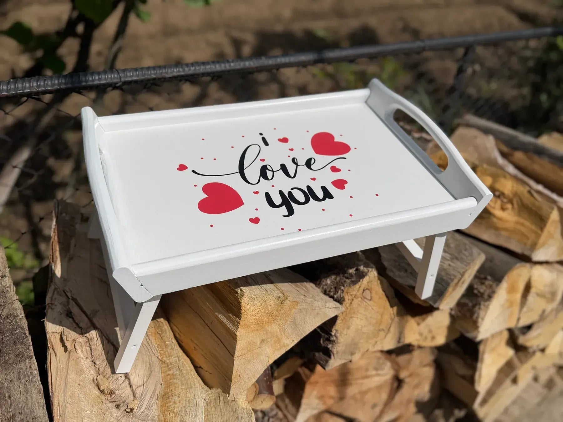 White breakfast in bed tray with folding legs
