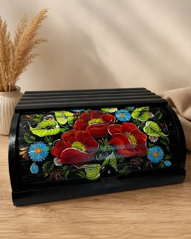 Wooden bread box with hand-painted Petrykivka poppy design