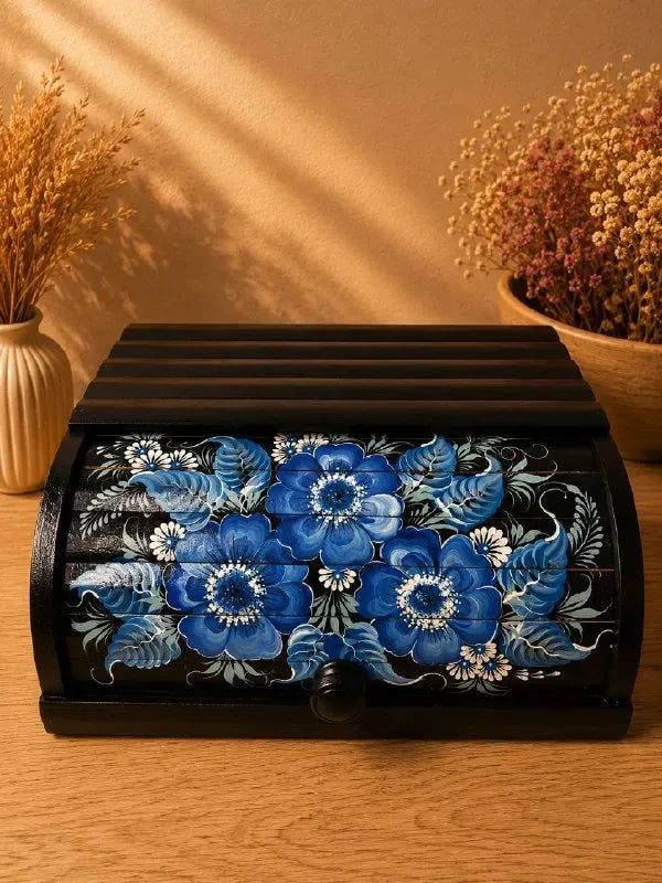 Wooden bread box with hand-painted blue flowers