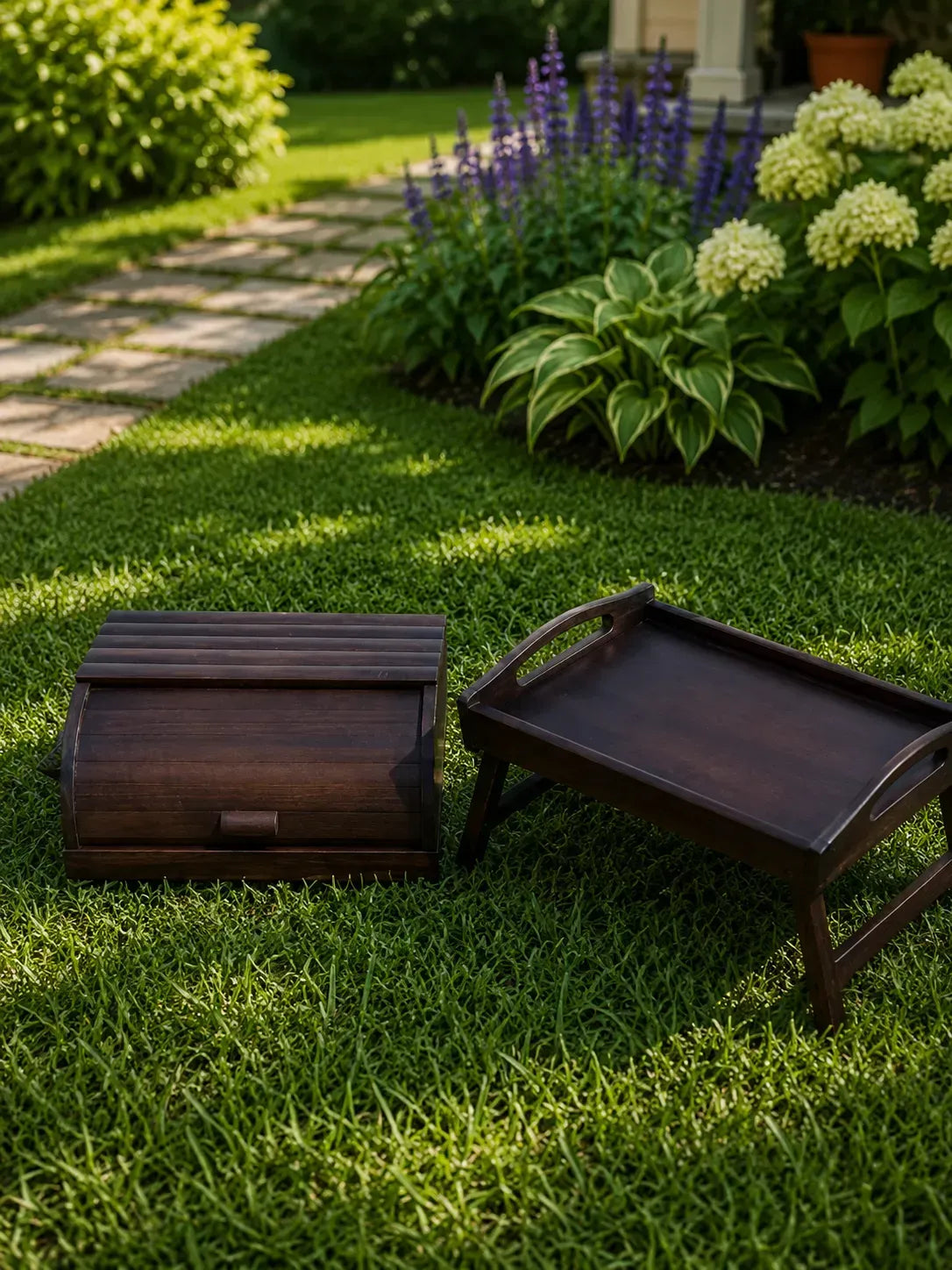 Dark wooden bread box with matching serving tray