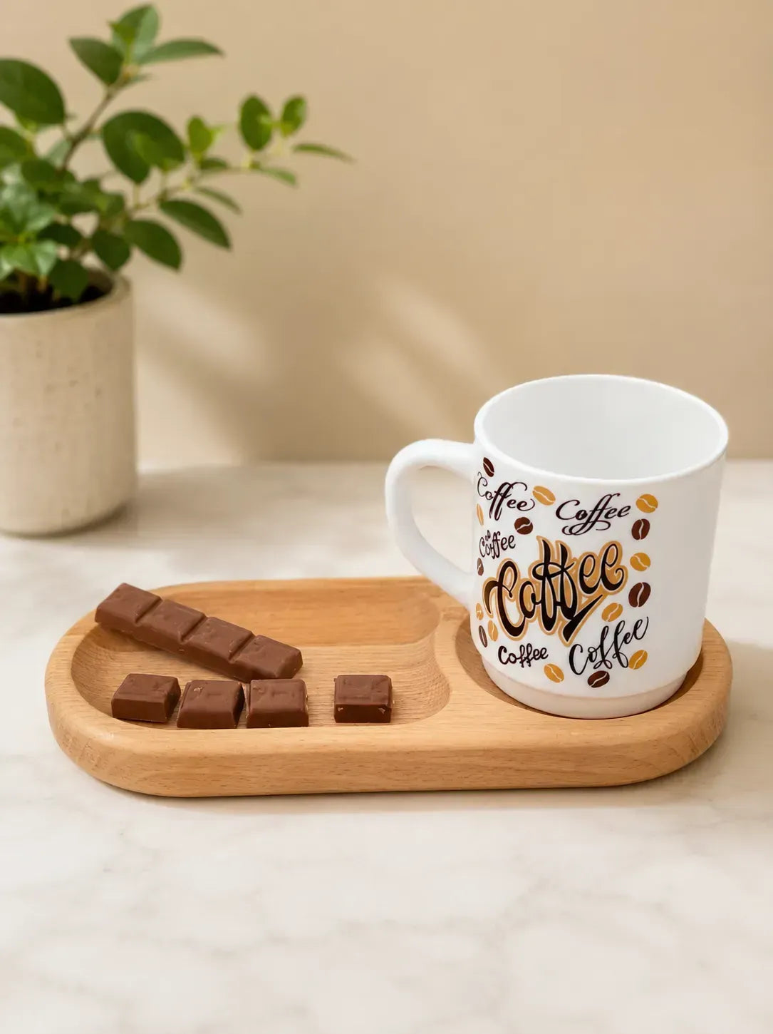 Wooden coffee serving tray with mug holder and snack compartment made from beech wood