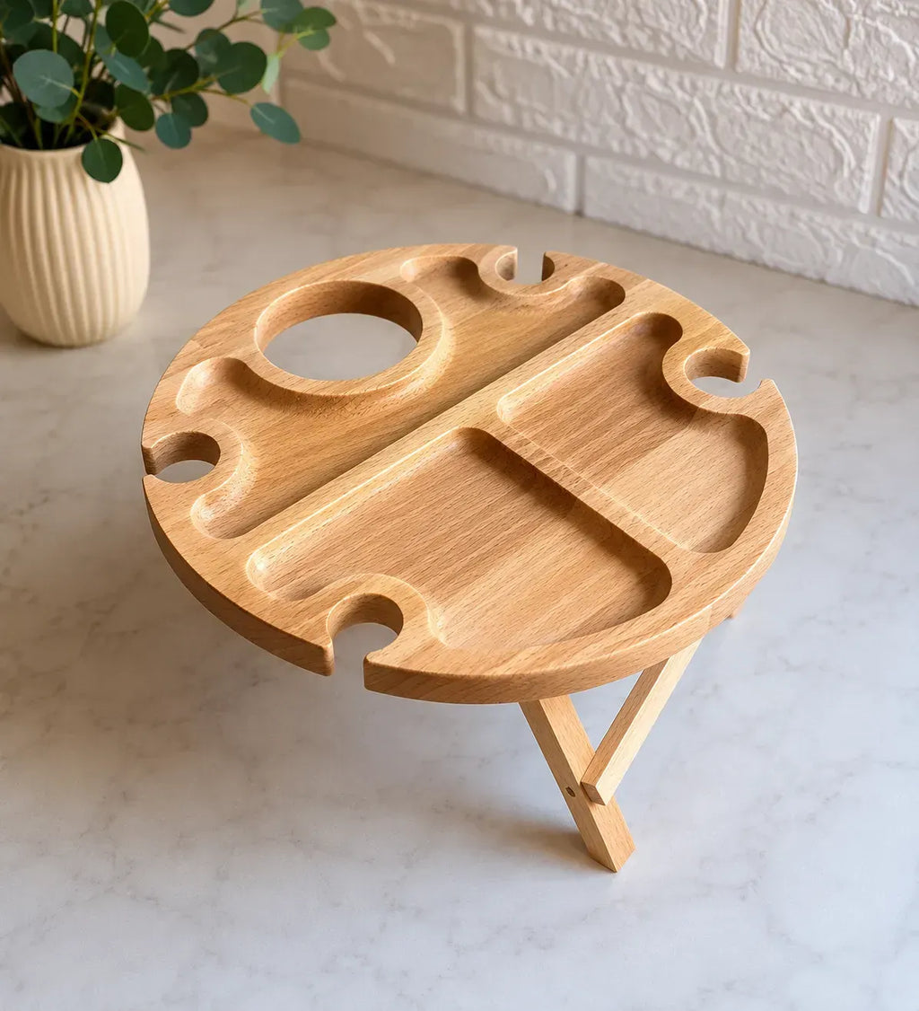 Round wooden wine and snack picnic table with holders for four wine glasses and a bottle