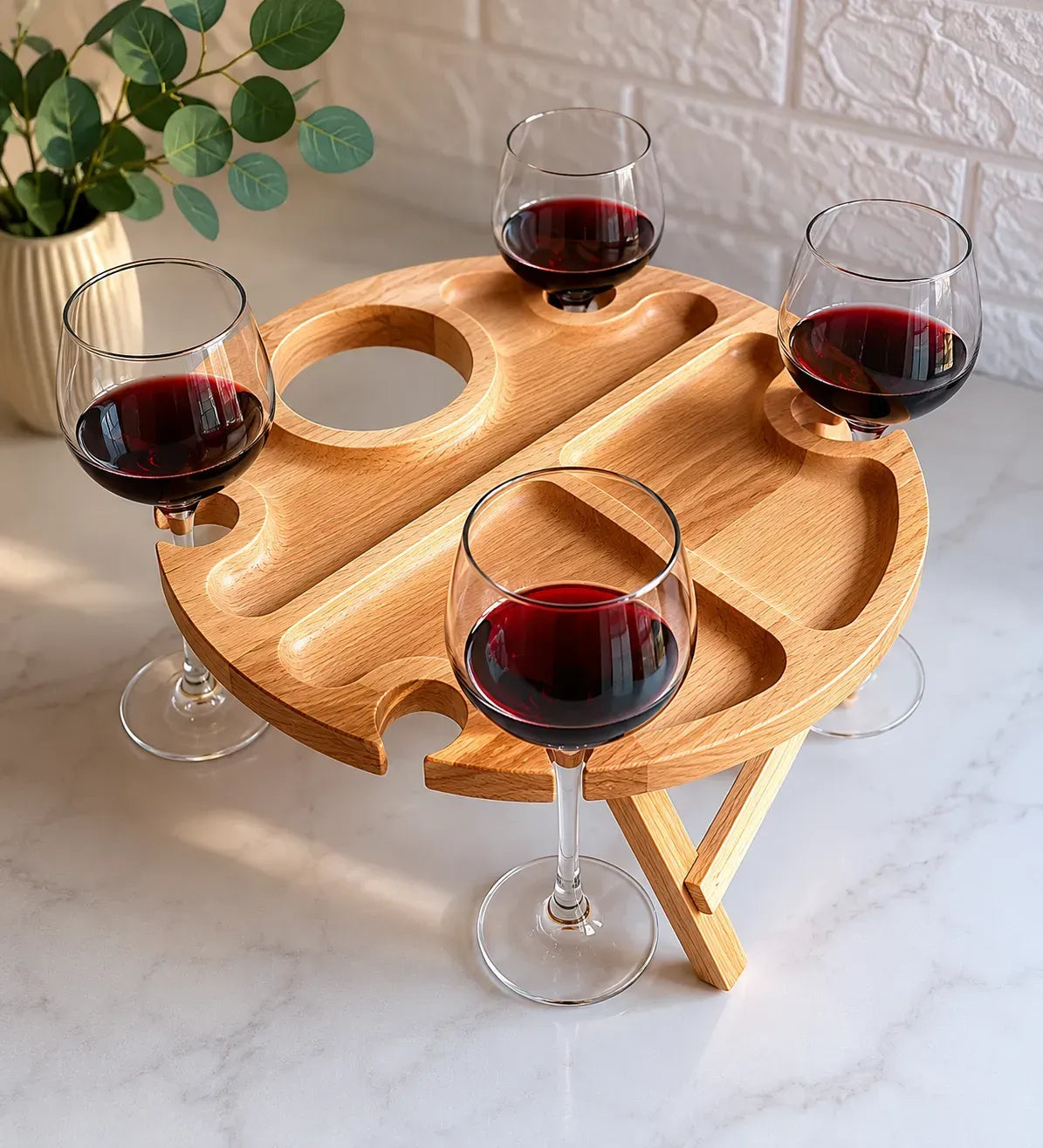 Handmade beech wood wine serving table with snack compartments and foldable legs