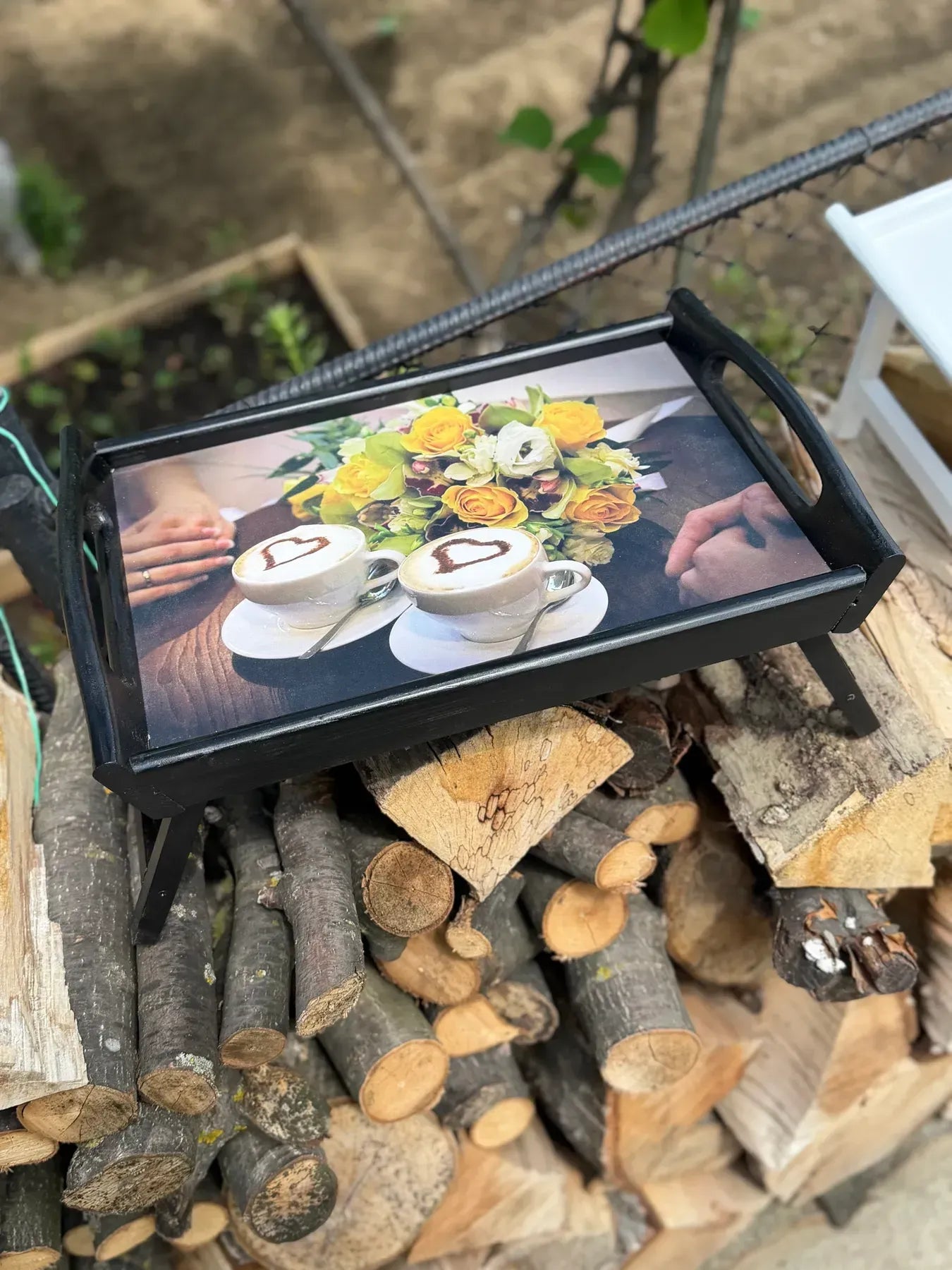 Folding bed tray for coffee and breakfast