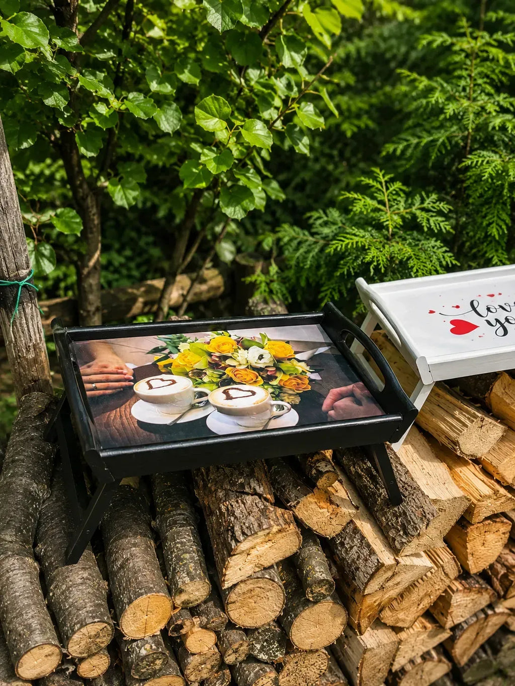 Black folding bed tray with wooden frame