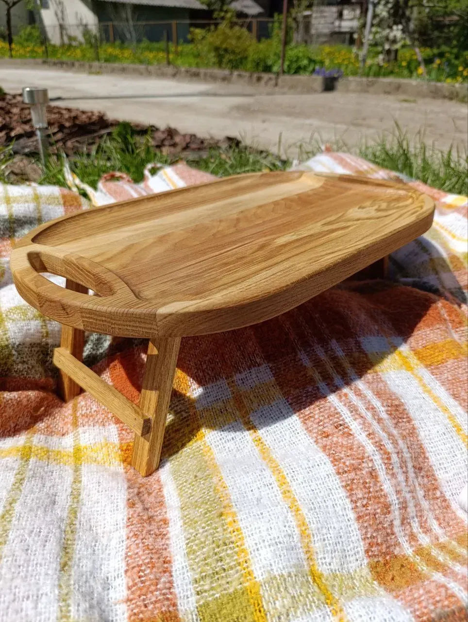 Solid oak breakfast table on legs with natural wood grain