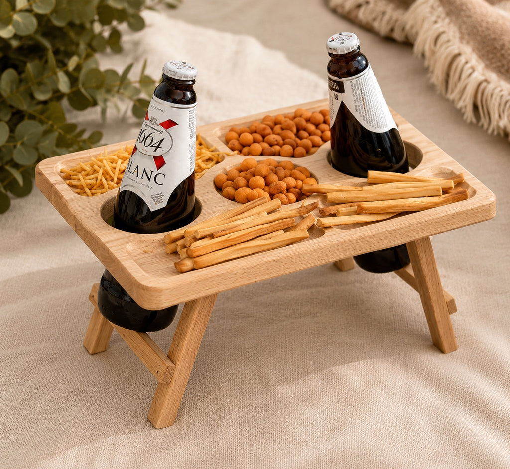 Wooden beer and snack picnic table with bottle holders and serving compartments