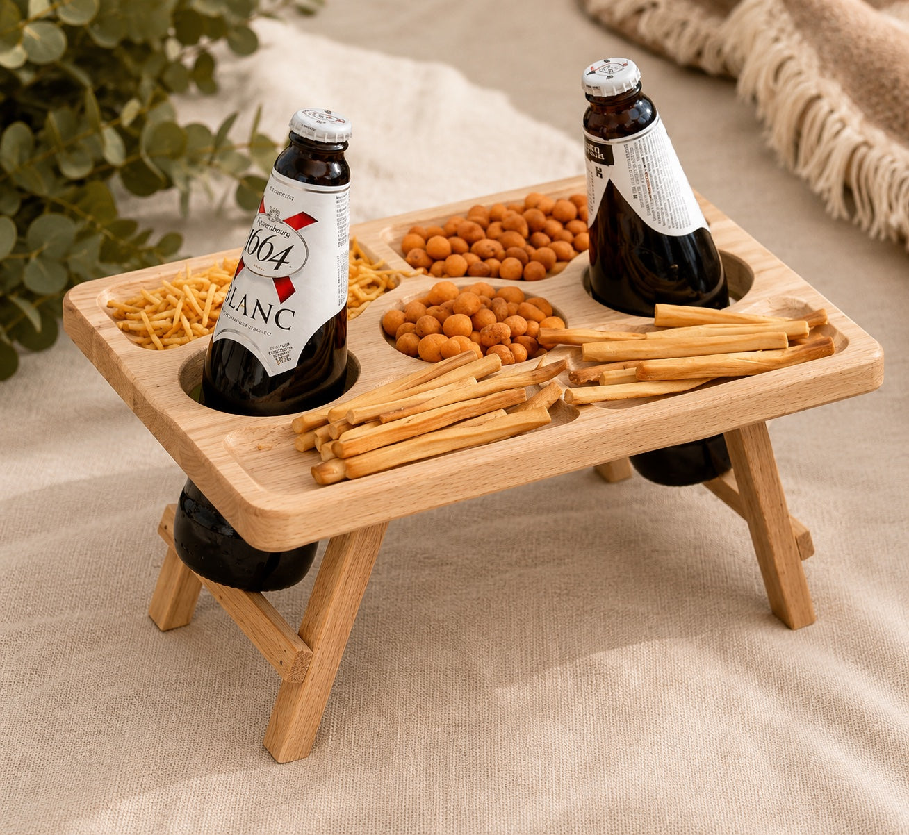 Wooden beer and snack picnic table with bottle holders and serving compartments
